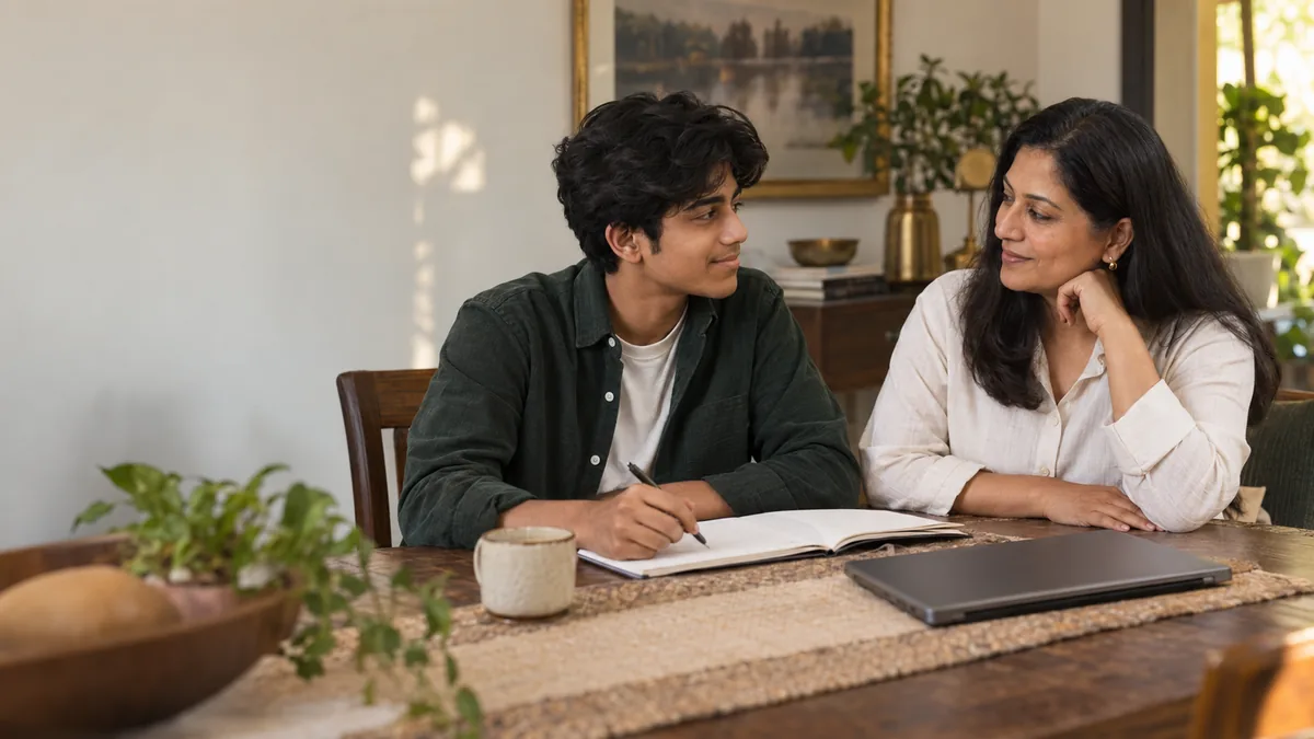 A parent and teenager sitting together to plan their study time.
